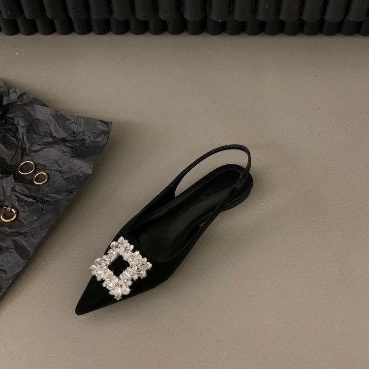 프렌치 스타일 플랫 블랙 토캡 샌들, 요정 신발, 2026년 봄 여름 신상, 뾰족한 앞코, 워터 다이아몬드 장식, 우아한 싱글 슈즈