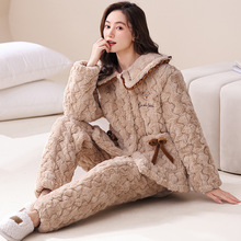 2025新款秋冬季女士睡衣兔绒三层夹棉加绒大码两件套家居服套装