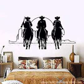 三个美国西部牛仔带枪骑马墙纸贴画wall sticker west american