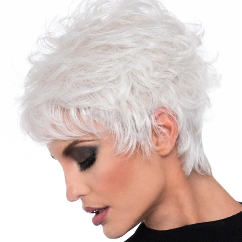Foreign Trade Amazon Aliexpress Hot Selling Wig Women's Silver White Short Hair with Oblique Bangs and Reverse Curling One Piece Foreign Trade Amazon Aliexpress Hot Selling Wig Women's Silver White Short Hair with Oblique Bangs and Reverse Curling One Piece