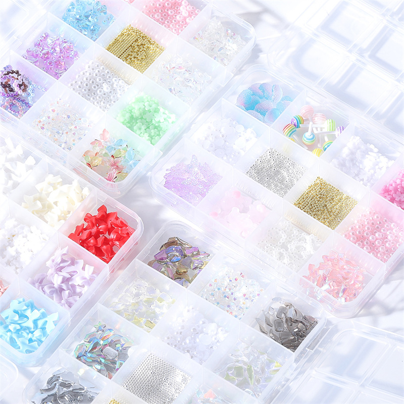 Exclusividad transfronteriza para 12 cuadros de uñas mixtas, joyas de resina, arco, perlas, Aurora, diamantes de forma especial, juego de joyas de bricolaje