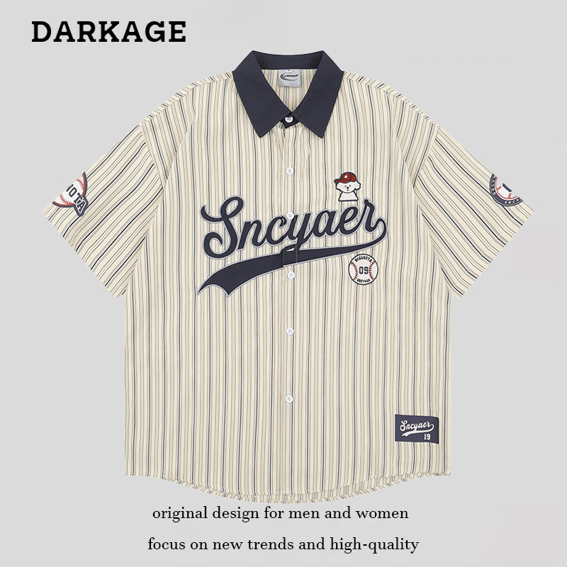 2025 New American Retro Fun Embroidered Baseball Short-Sleeved Shirts for Men and Women Loose Preppy Style Stripesd Shirts