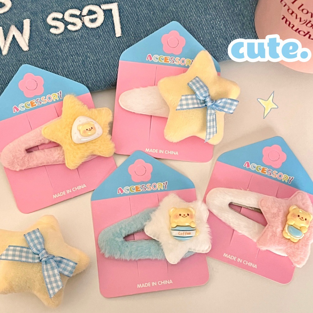 Primavera y verano lindas estrellas de peluche BB clips para niños dibujos animados joyeros para el cabello de la niña corazón de dopamina doble frangeo clip para el cabello roto