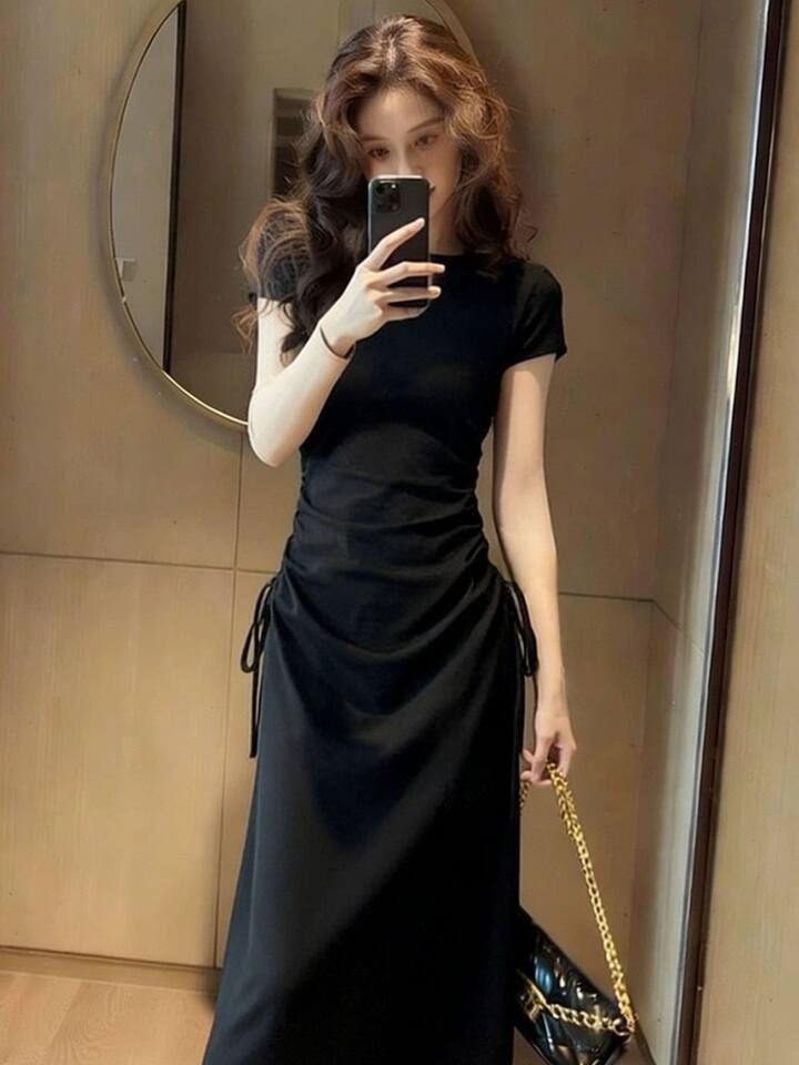 Đầm liền thân tay ngắn cổ polo dáng chữ A chiết eo tôn dáng — Xám đậm [Phiên bản nâng cấp cao cấp], Đen [Phiên bản nâng cấp cao cấp] chi tiết 12