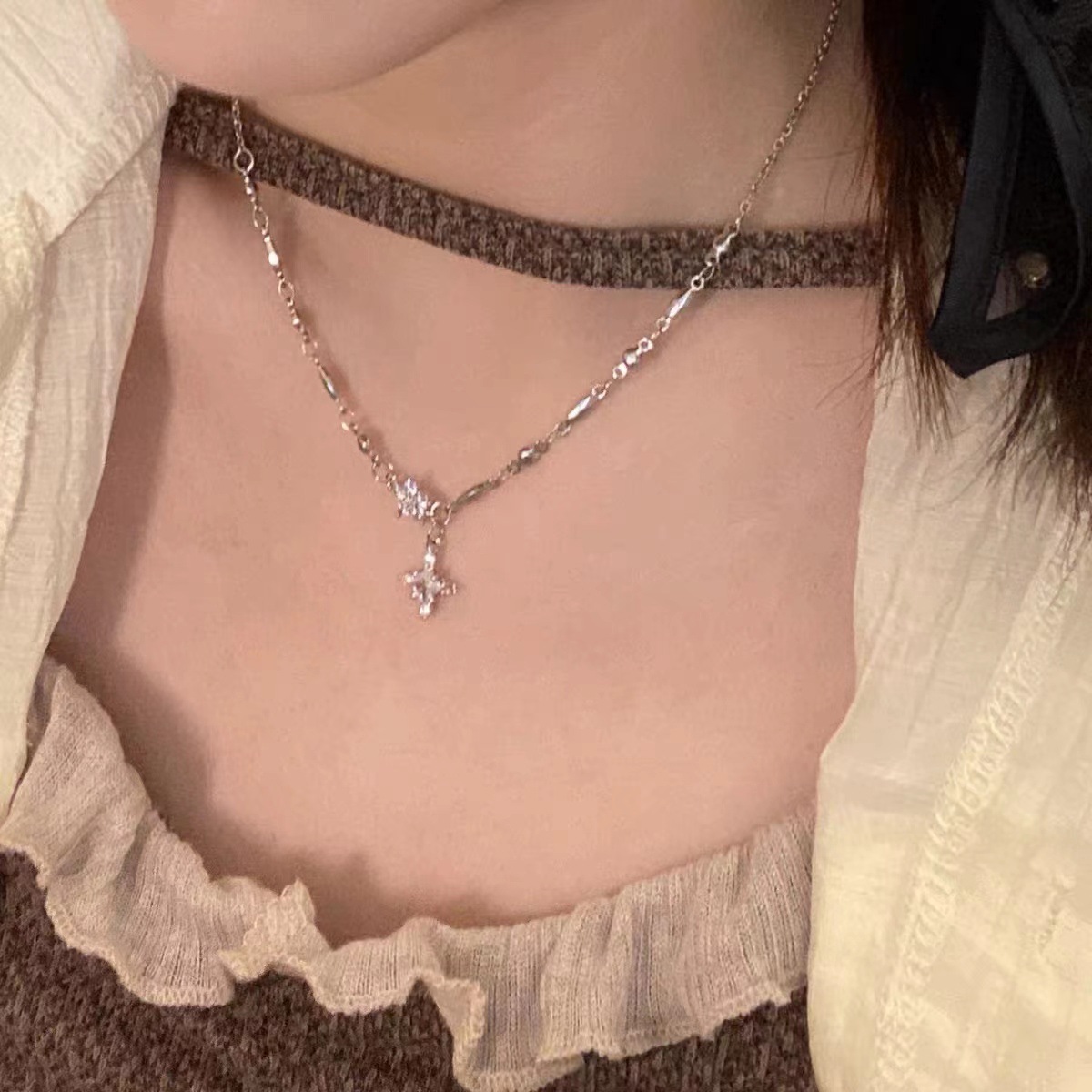 Fashion Cross Flower Titanium Steel Plating Rhinestone Necklace