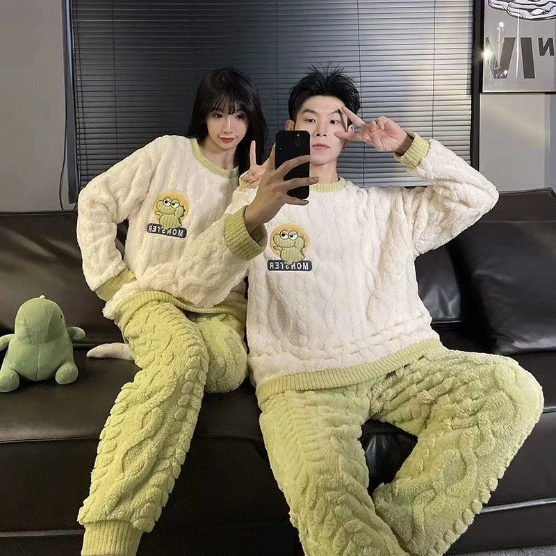 Коралловый бархат округлый воротник жаккардовая пара пижама женский зимний толстый фланелевый зимний мужской костюм