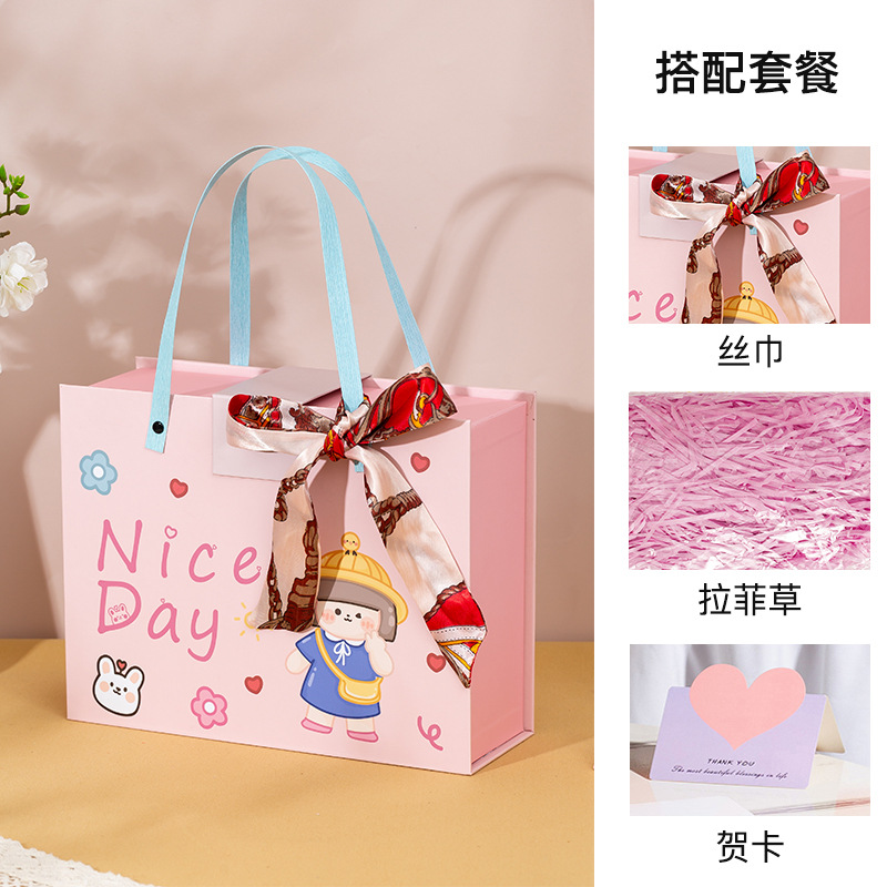 Переносной ящик; Розовая подарочная коробка с вишневым цветом + рафия + шелковый шарф + поздравительная открытка; детская переносная коробка небольшого размера 18*13*6,5 см.