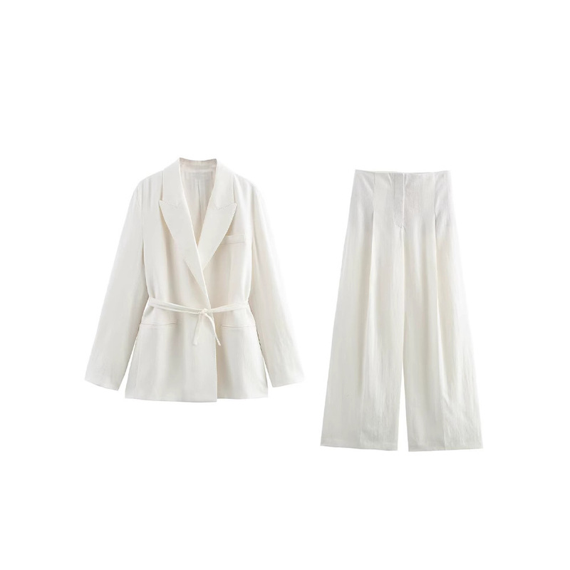 2025 New Summer Women's Commuter Lace-Up Linen Blend Blazer + Mid-Waist Straight Wide-Leg Pants