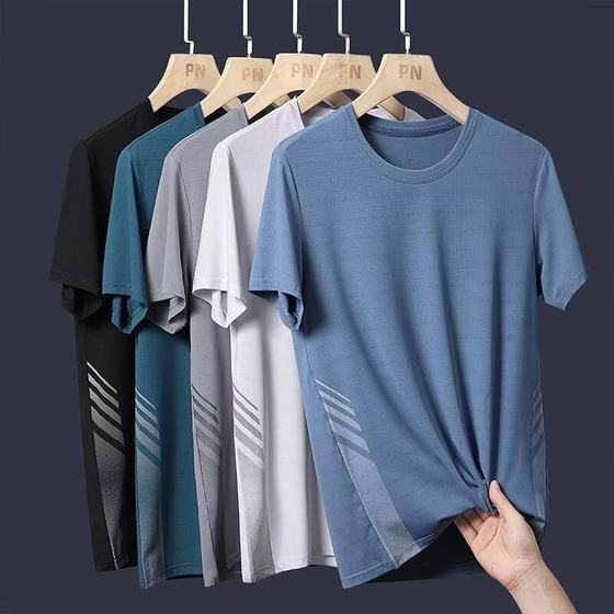 Ice Silk short sleeve T-shirt men's summer thin quick-drying mesh sports fitness half sleeve top dad summer stretch T