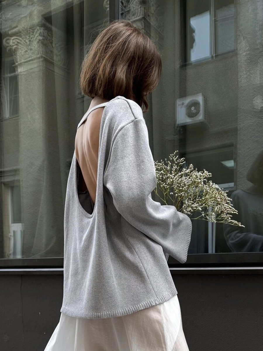 Suéter de punto de algodón puro transfronterizo, estilo europeo y americano, nuevo modelo otoño-invierno 2025, holgado, informal y sexy con espalda descubierta.
