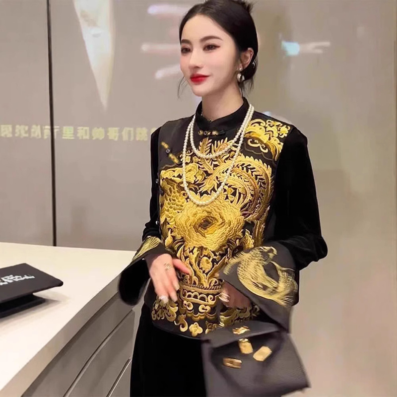 2025 秋の新作中国風の女性の中国風プリントボタンジャケットツーピーススーツパンツライト高級ハイエンド|undefined