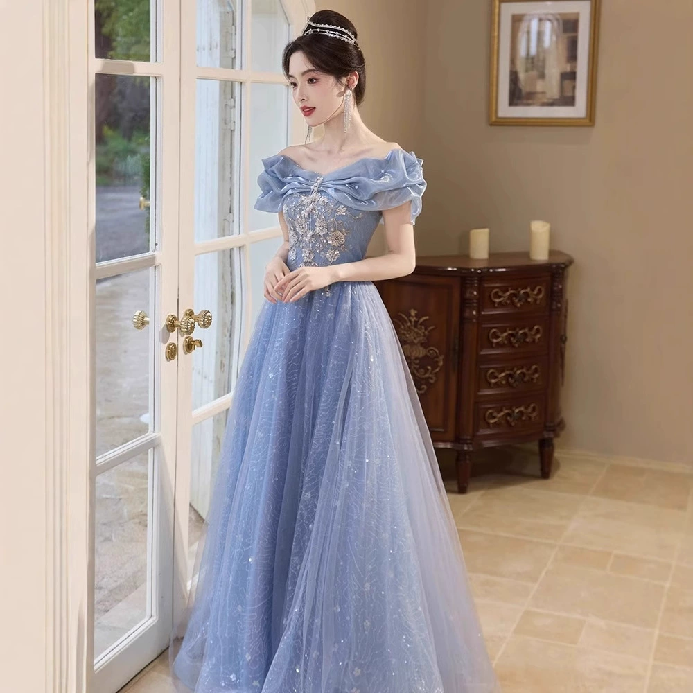 Blue evening dress, open shoulders, high-end