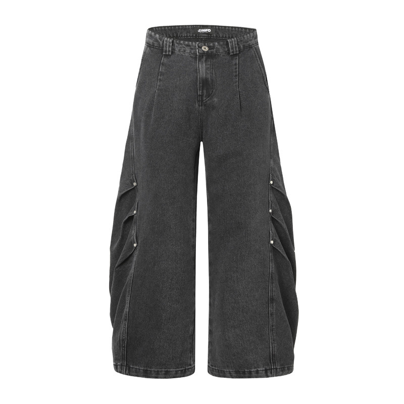 American High Street Washed Distressed Deconstructed Rivet Scimitar Jeans for Men and Women Trendy Brand Loose Design Wide-Leg Pants