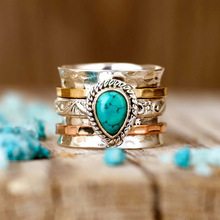 铭诚 跨境波西米亚复古绿松石镀三色男女戒指 欧美结婚宝石戒指
