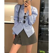 新款收腰设计长袖衬衫不规则上衣女早春衬衫条纹衬衣夏秋2025薄款