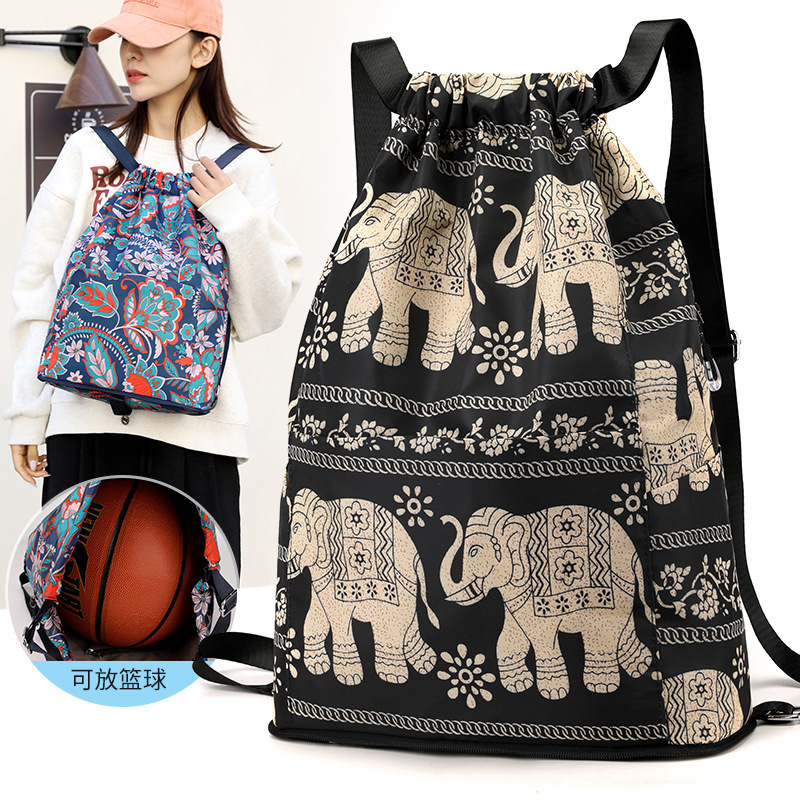 Printed drawstring backpack women's lightweight drawstring folding storage bag sports fitness bag drawstring bag travel backpack