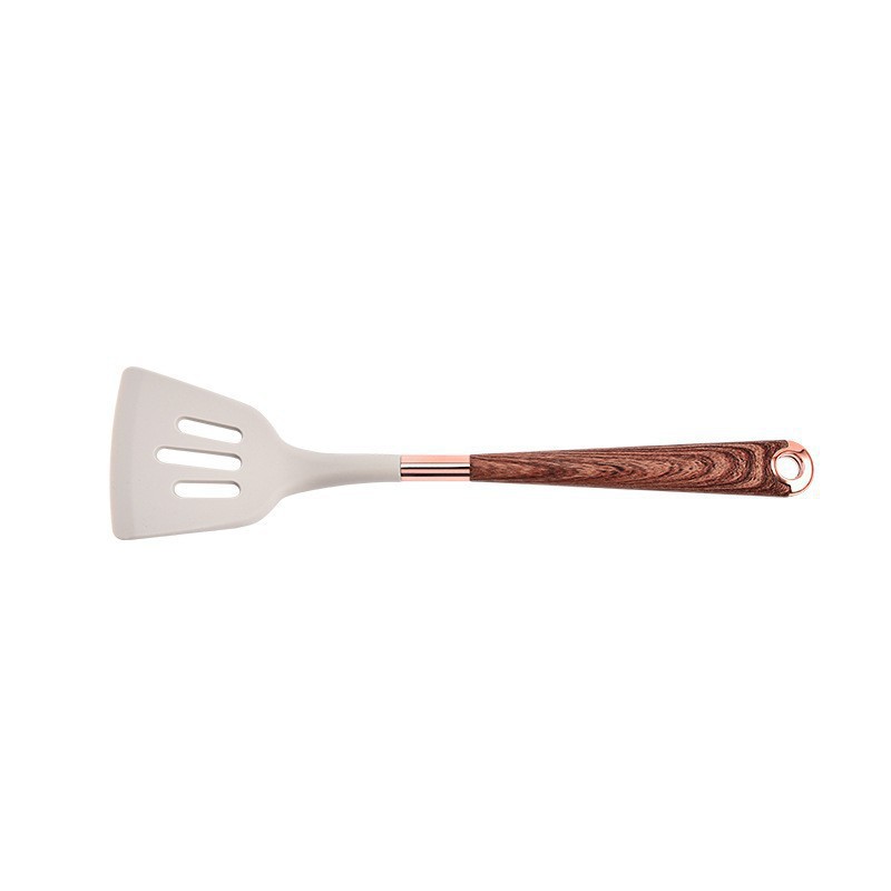 Utensilios de cocina de grano de madera chapados en oro de silicona Juego de 11 piezas Cocina doméstica Olla antiadherente Cuchara de cocina Cubo de almacenamiento de mango cubierto