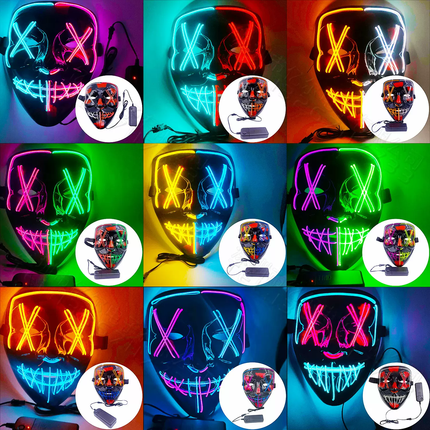 亚马逊 EL 冷光节日万圣节气氛浓厚流面具led发光黑V字面具现货
