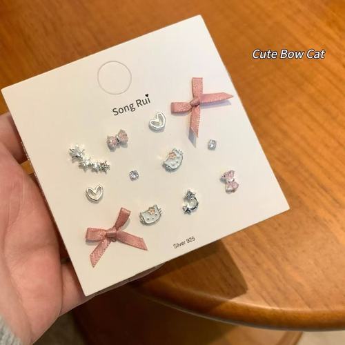 Cute Fashion Pink Sweet Kitty Bow Ear Stud Set for Girls Kitty Bone Stud Geometric Heart Earrings