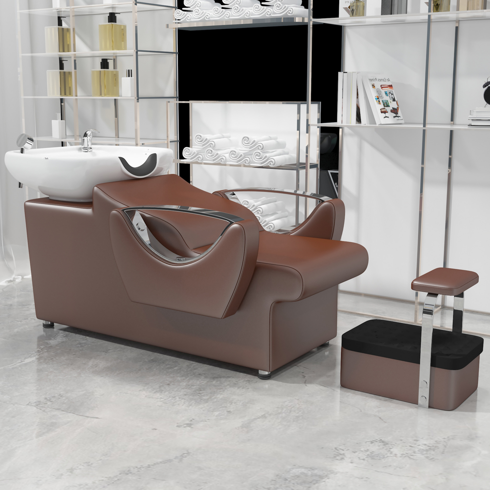 Barbería cama de lavado de cabello semi-recostada cama de lavado de cabello salón de peluquería lavabo de cerámica sillón con pedal cama de lavado de cabello de cuero