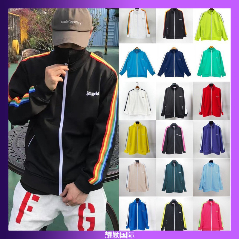 Foreign Trade Correct PA Fashion Brand Rainbow Stripe Ribbon Zipper Jacket Palm Tree Retro Sports Jacket School Uniform for Men
