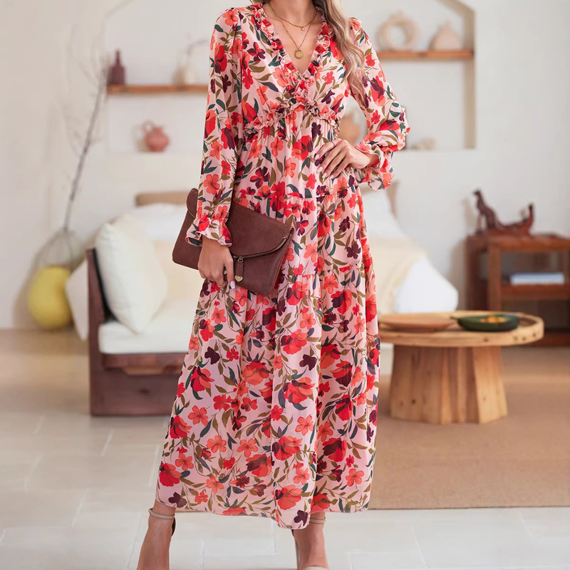 European and American Fashion V Neck Tulle Floral Long-Sleeved Dress for Women Autum New Loose Casual Chiffon Long Dress for Women