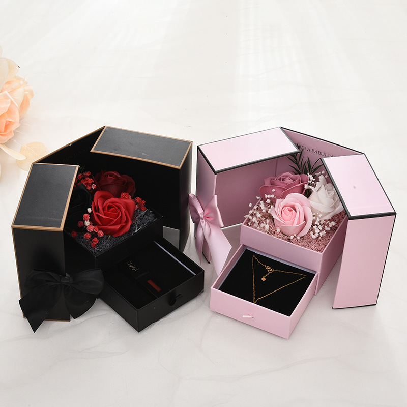 Día de San Valentín Inmortal Rose Joyas Caja de regalo Creativa de doble puerta Saponina Flor Lápiz labial Collar Caja de embalaje de regalo
