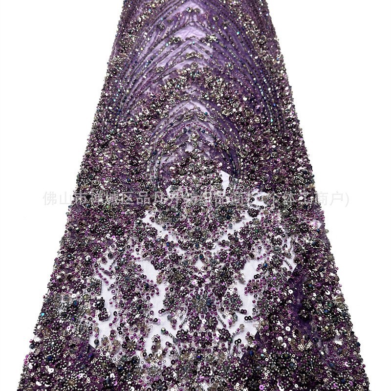 Fabricante de lujo bordado a mano Peacock Tail red tela de encaje de plata cristal perlas adornos formales tela de vestido de baile