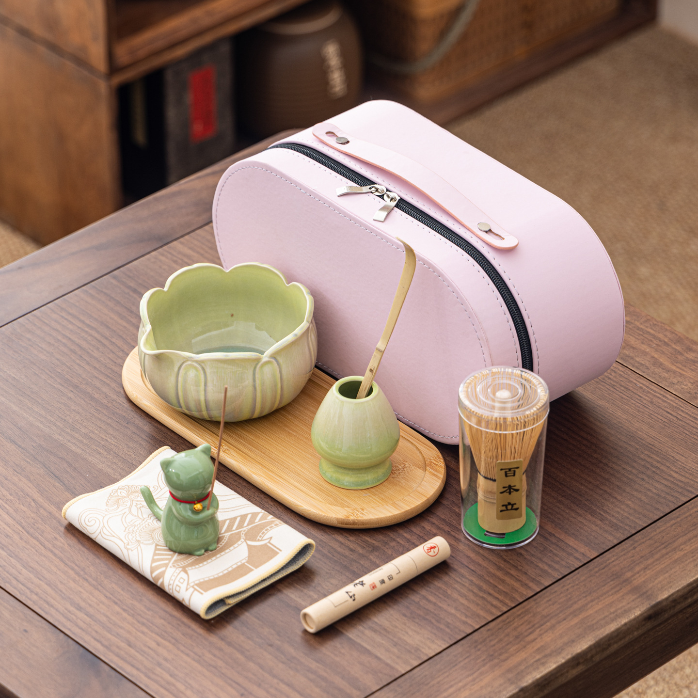 Cuenco de matcha corrugado caja de cuero set adorable gatito Xiangdao ocho piezas set punto té 100 tazas de té