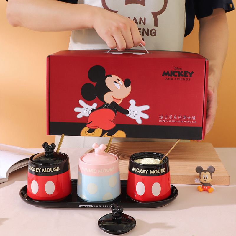 Conjunto de recipiente de condimento de cerámica de Mickey, caja de regalo, recipiente de sal con cuchara, recipiente de condimento de cocina, caja de condimento doméstica