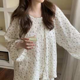 韩国ins女士秋季韩系双层棉复古碎花狗牙花边圆领家居服睡衣套装