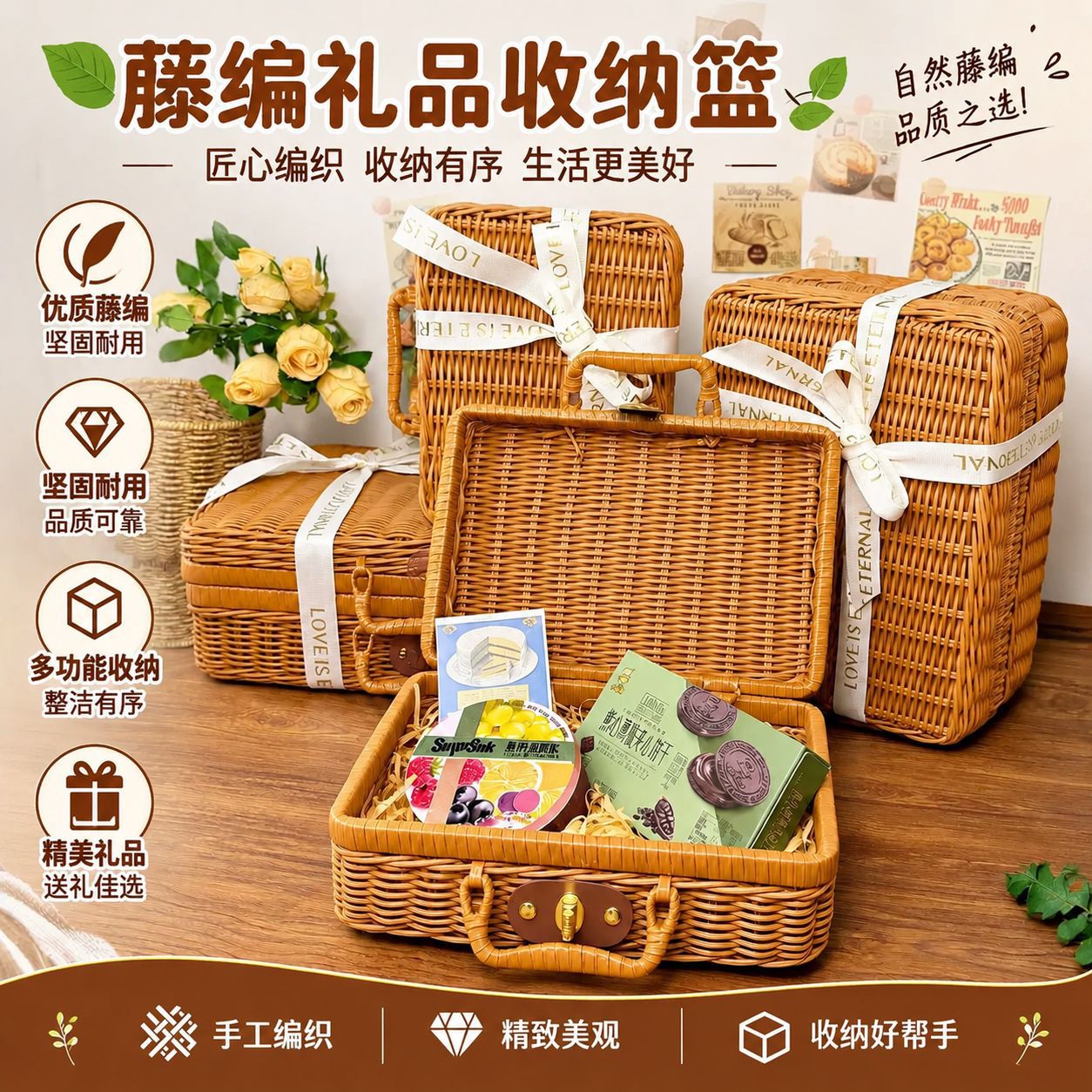 仿藤编手提箱婚庆伴手礼箱盒礼品包装收纳箱藤箱藤编手提箱