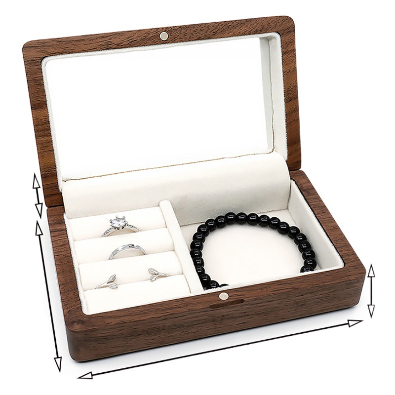 Nogal negro caja de joyería de chocolate negro de madera maciza de alta gama collar pendientes anillo portátil de viaje caja de almacenamiento de escritorio acabado