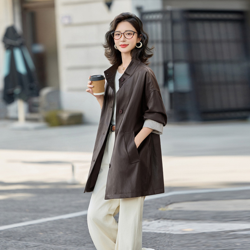 High-End Loose Goatskin Leather Jacket for Women 2025 Autumn and Winter New Fashion Versatile Mid-Length Jacket