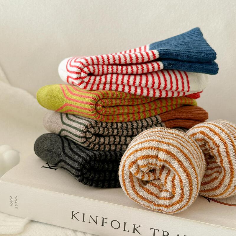 Japanese Style Striped Socks Women's Thickened terry Mid-length Socks for Autumn and Winter Birkenstock Shoes Socks Ins Trendy Internet Popular South Korea Stockings