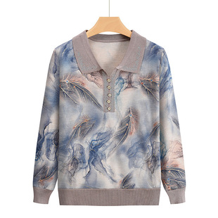 Source Factory Fashionable Middle-Aged and Elderly Mother's Thin Tops Women's Autumn and Winter Sweater Bottoming Shirt Elegant Lapel Knitwear
