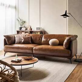 意式真皮沙发小户型客厅头层牛皮设计北欧复古格调三人油蜡皮沙发