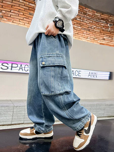 Boys' Jeans 2026 New Style Children's Large Pocket Trendy Straight-Leg Pants Street-Style Cool Boys' Wide-Leg Pants