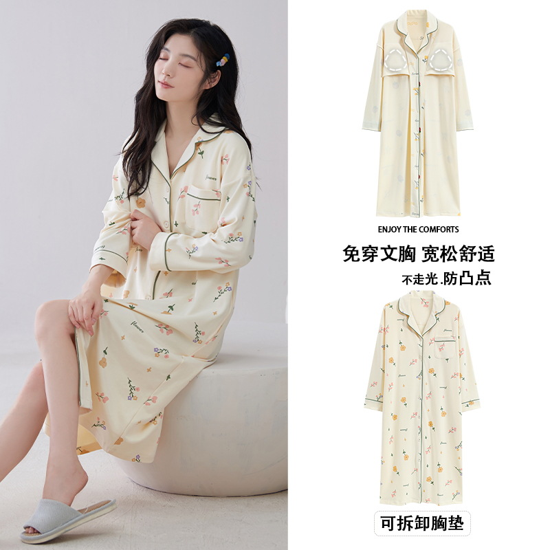 Camisa camisón Mujer con almohadilla en el pecho Primavera y otoño manga larga algodón estilo coreano cardigan otoño e invierno largo sexy ropa suelta para el hogar