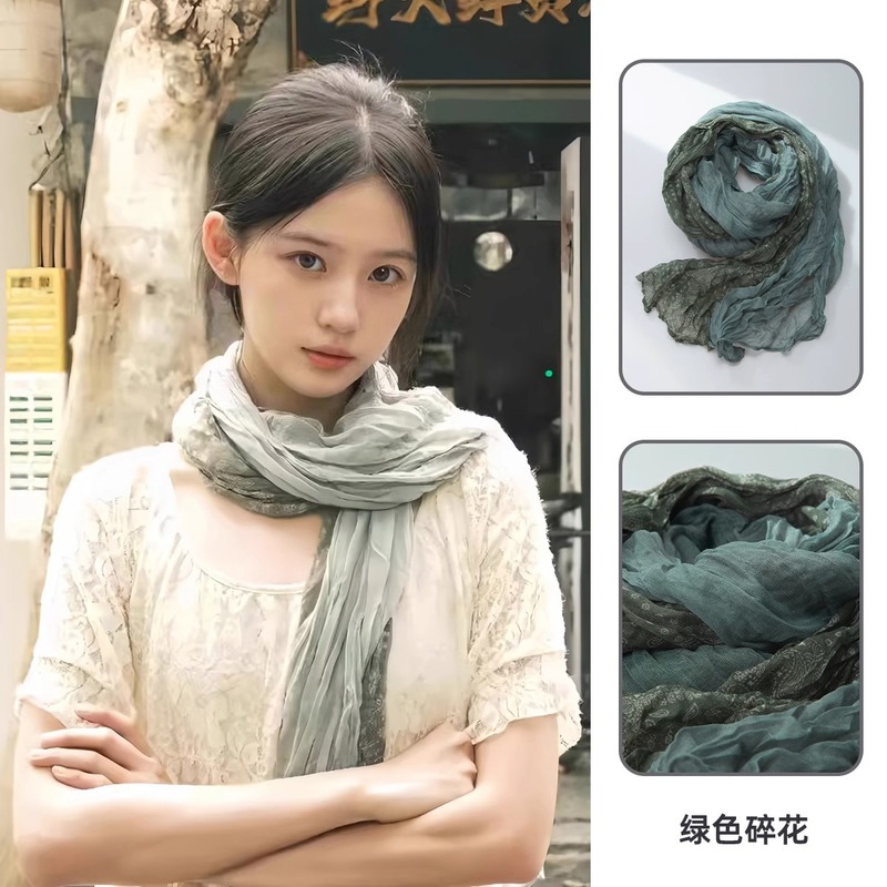 女性用レトロコットンとリネンスカーフ、春と夏、薄い、芸術的なブラウン、ヴィンテージ、プリーツ、日焼け止め、ストリップシルクスカーフ、ネック周りの雰囲気|undefined