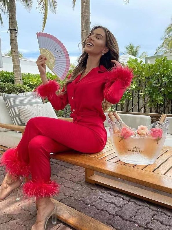 2022 Amazon independent station women's solid color suit lapel top feather trousers two-piece pajamas suit