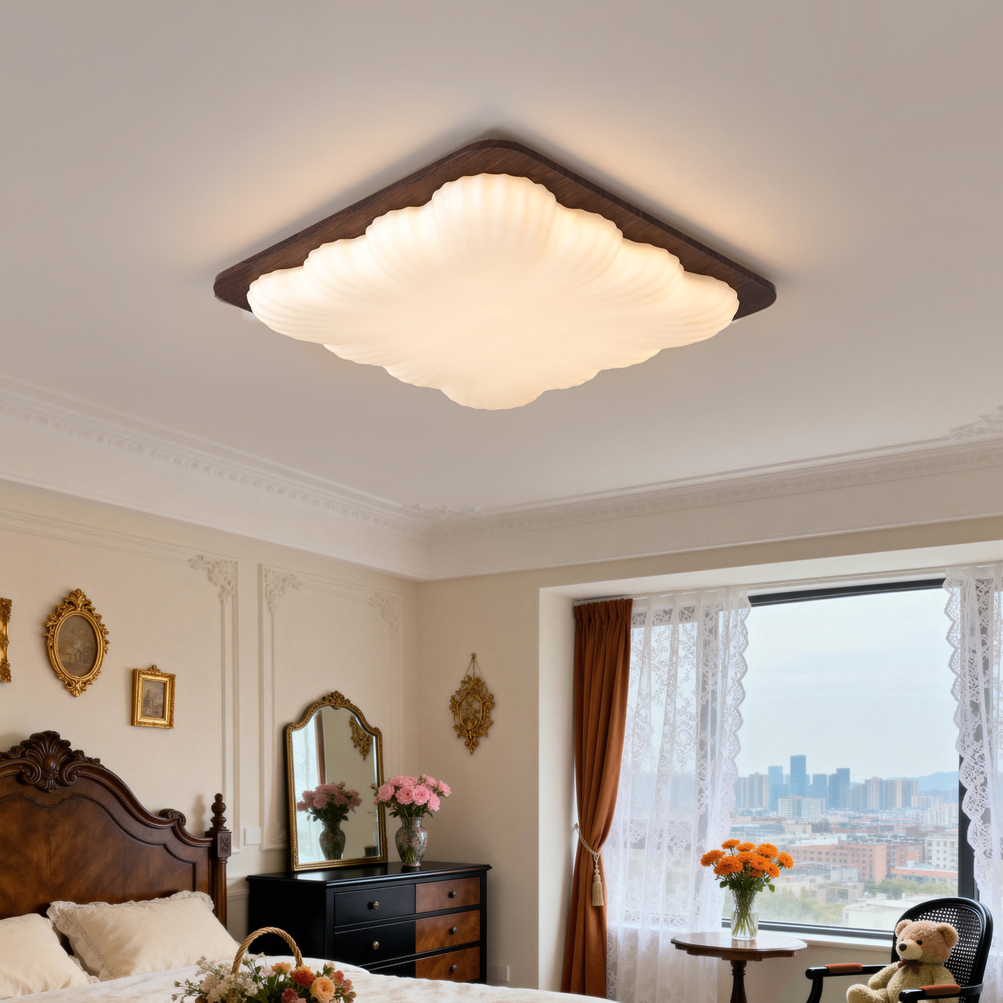 Gu casa antigua lámpara de sala de estar super brillante lámpara de techo retro color nuez lámpara de habitación flores lámparas de dormitorio 357L