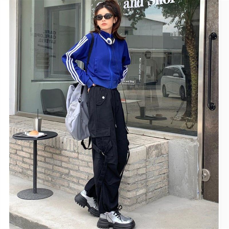 Korean-style Ins Trendy Black High-waist Cargo Pants Women's Autumn Small American-style Loose Wide-leg Casual Ankle Pants Korean-style Ins Trendy Black High-waist Cargo Pants Women's Autumn Small American-style Loose Wide-leg Casual Ankle Pants