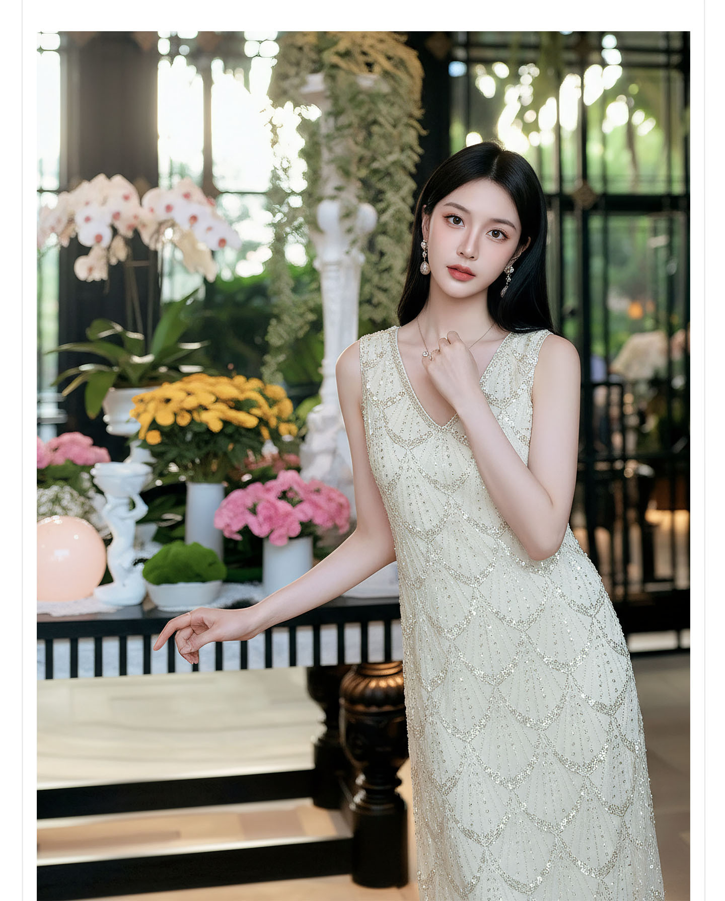 Đầm suông nữ midi tay lỡ phong cách cổ điển đính cườm — màu trắng ngà chi tiết 4