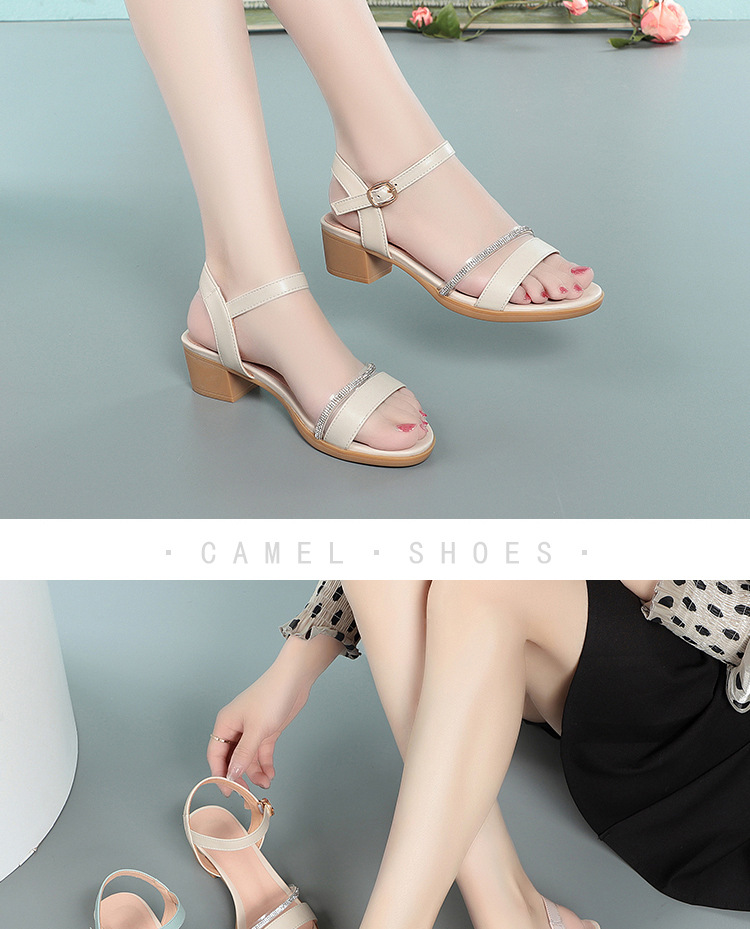 Sandal nữ hở mũi gót thấp da thật đế mềm chống trơn — màu be chi tiết 12