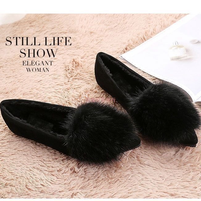 2025秋冬时尚新款女单鞋平底尖头水貂毛毛鞋豆豆鞋棉瓢鞋加绒大码