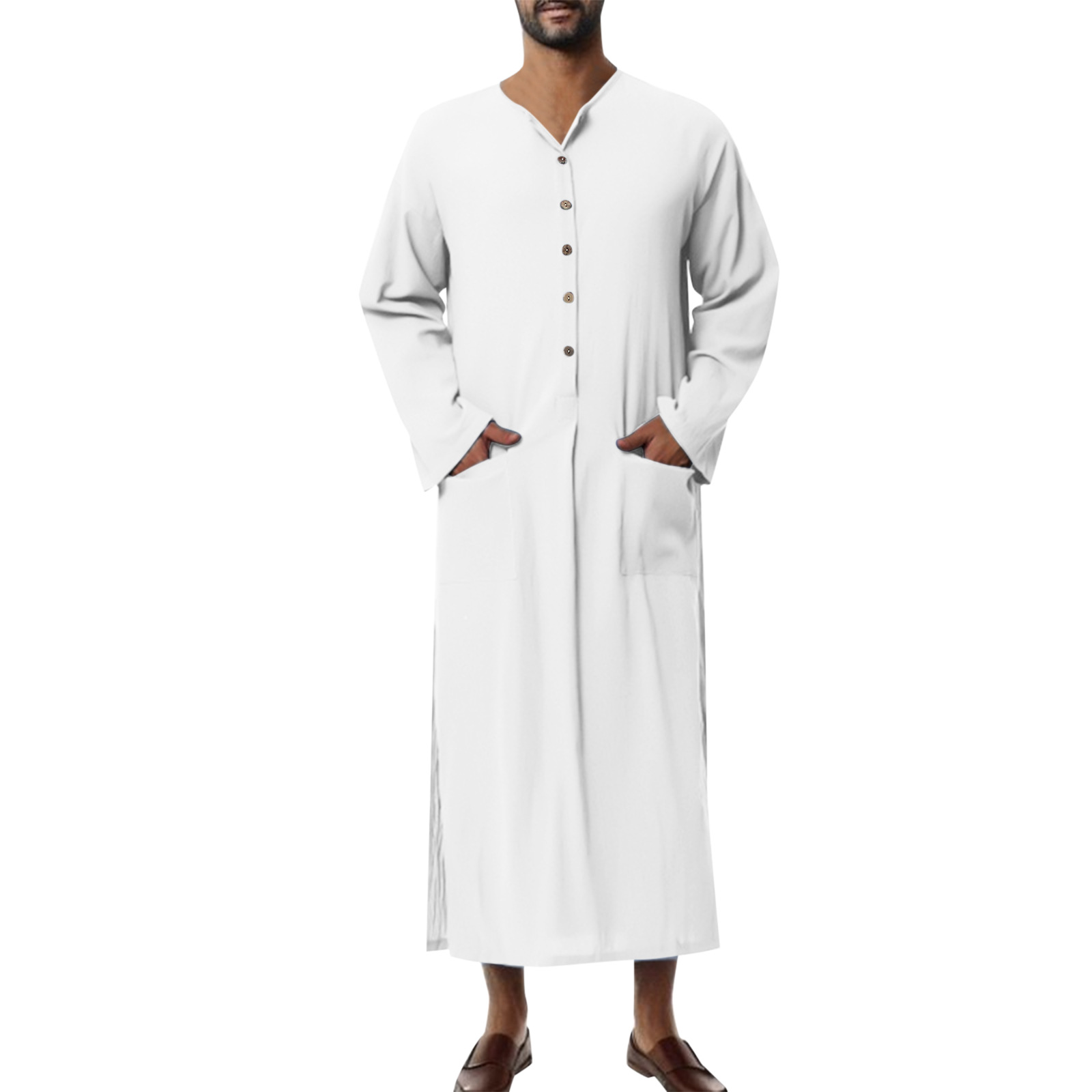 Sommer Herren Langarm Einfarbig Reine Baumwolle Lose Robe männer Muslimischen Robe_voghion.com