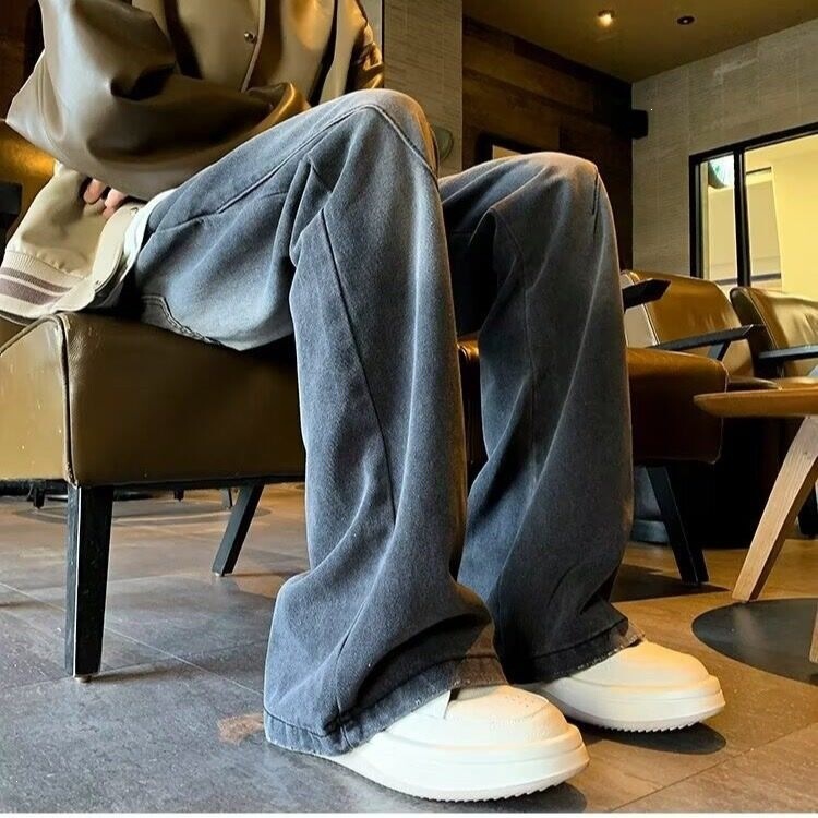 Spring and autumn American retro denim pants, loose and stylish, casual wide-leg pants, trendy high-street slightly flared pants for men