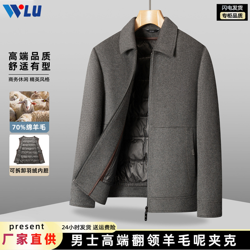 Men's Wool Coat Autumn and Winter Lapel Short Thickeneded down Liner Zipper Middle-Aged and Elderly Dad Jacket Jacket