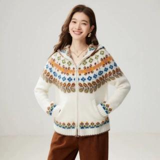 费尔岛复古提花山羊绒开衫女士连帽拉链宽松慵懒针织休闲上衣外套